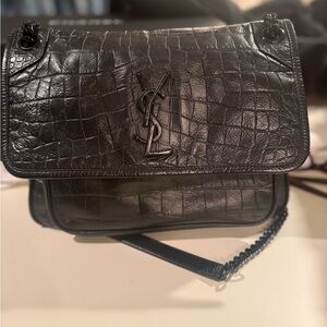 Saint Laurent Black Croc-Embossed Leather Shoulder Bag with Chain Strap